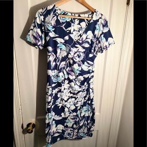 💙🤍SOFT SURROUNDINGS ANYWHERE SHAPELY FAUX WRAP DRESS BLUE FLORAL PETITE SMALL
